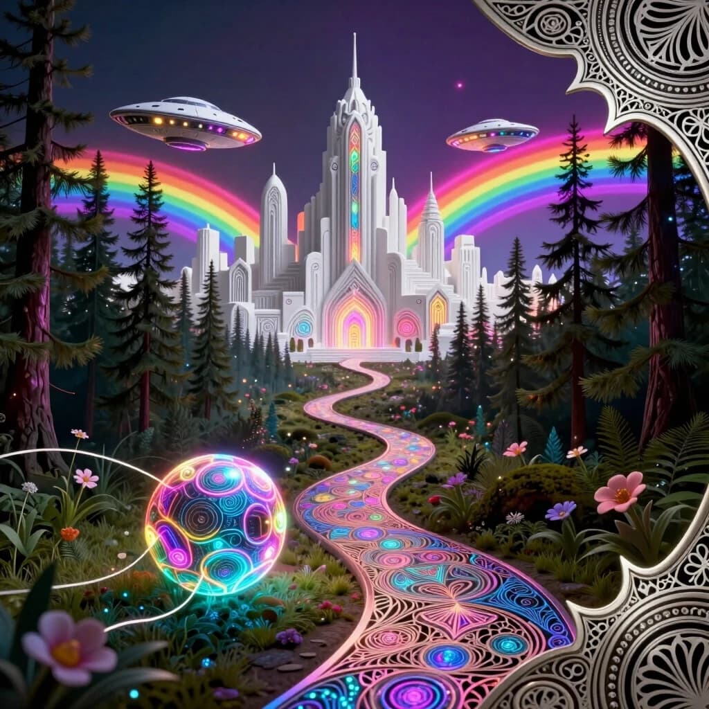 Background: a winding path leading from the forest to a white city. In the middle and far distance, a street in a futuristic ornamental white city with a (thrilling triphobic) neon pattern, spaceships, and flying saucers. Porous surfaces, zentangle, and shimmering. In the foreground, a magical forest with pine trees and flowers. A neon cybernetic ball rolls along the path. A thread from the ball. Shimmering and sparking. Glowing from the inside. Openwork metal carving, like delicate lace. Contrasting edges. Sparkling, shimmering colors. Style: Rococo, Neo-Rococo, Baroque, Mudéjar, light oriental motifs, Art Nouveau. High quality and detailed work. Baroque curves. Fascinating contrasting image. Attracts the eye. Play of light. Depth and volume. Art Deco, Gothic. In the style of Andrew Jones, Julie Dillon, David Gallchatt, Josephine Wall. Glowing patterns, bioluminescent drawing. Aetherial lighting, jewelry with details, mystical atmosphere. High detail, surrealism. Otherworldly effect, sacred geometry, futuristic tribal, rainbow, magical realism.