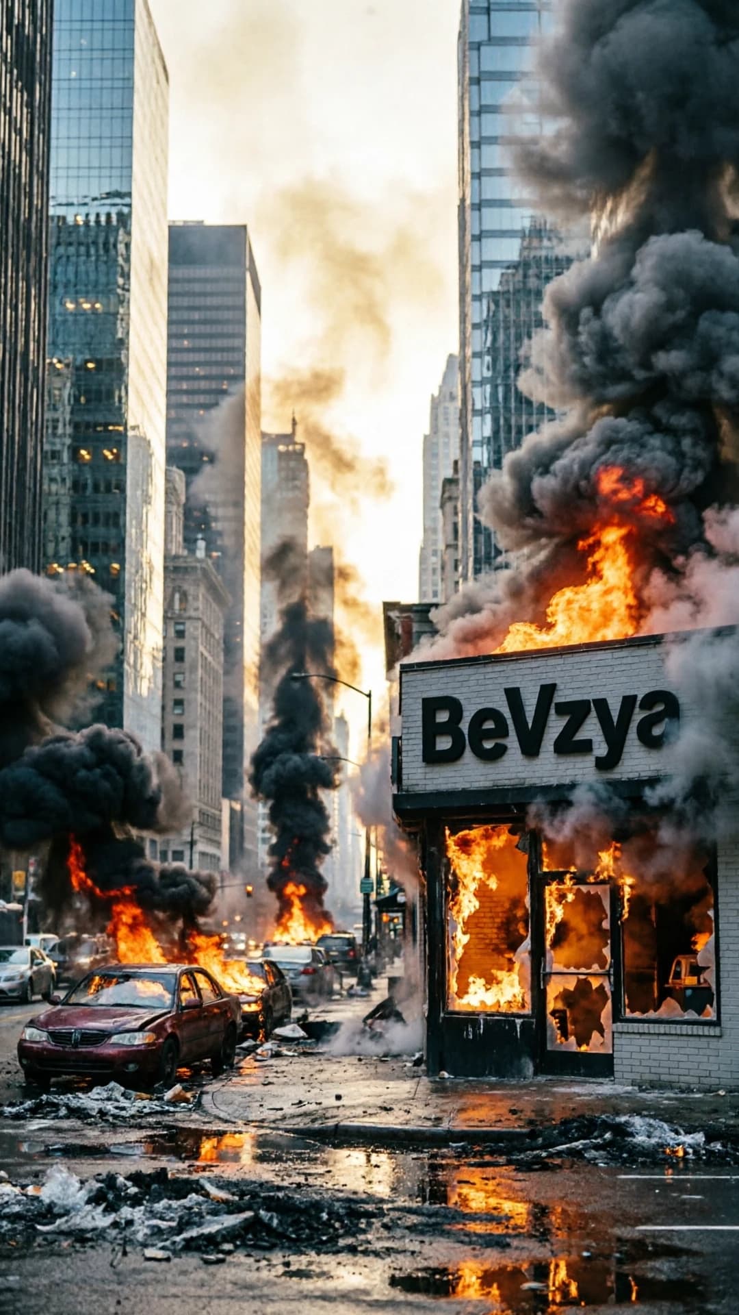 большой американский город небоскребы кафе с названием из 6 букв "BeVzya" машины горят много дыма кафе горит