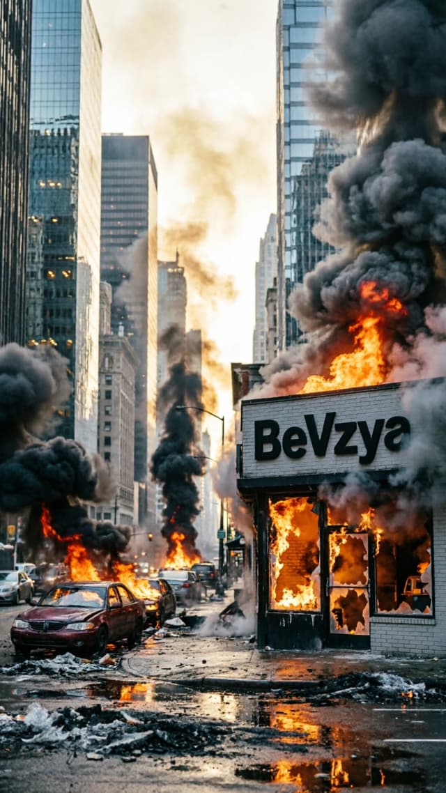 большой американский город небоскребы кафе с названием из 6 букв "BeVzya" машины горят много дыма кафе горит