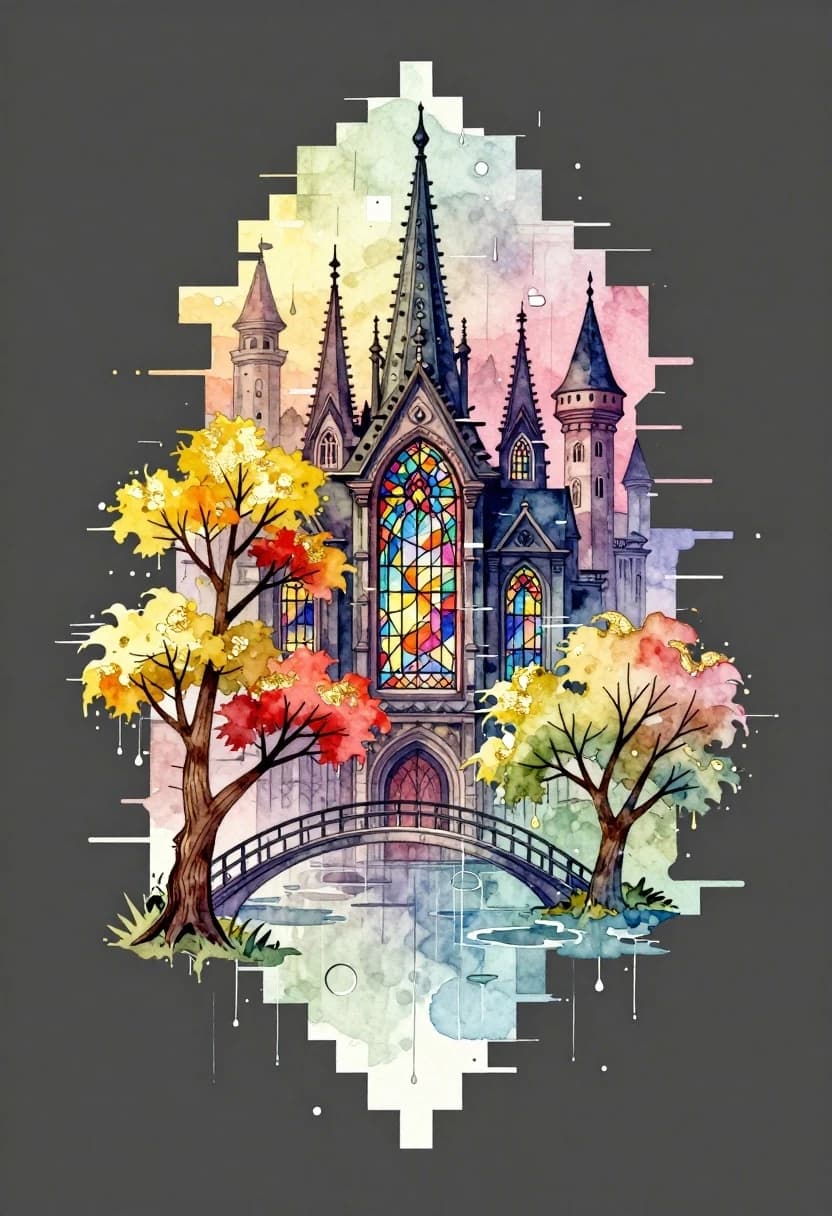 A watercolor painting is a logo or tattoo on a dark gray background with a gradient. Art Deco. A vertical composition with a striking glitch effect. Visible texture of the canvas or textured watercolor paper. Glitch art: everything consists of squares, with digital interference and distorted visual effects. An unusual fairy‑tale city in the Renaissance style. Beautiful, unusual, with stained‑glass windows, bridges, and towers. Elegant, branched trees with yellow and red leaves. Slanting streams of rain. Raindrop circles in puddles. Created in a digital format. Vertical decorative composition. Everything consists of squares with digital interference and distorted visual effects. Pastel, powdery shades. Deep shadows. Black lines drawn with a pencil or charcoal emphasize the main elements. Watercolor effects. The accents made of gold leaf, bright and shiny, emphasize the important elements.