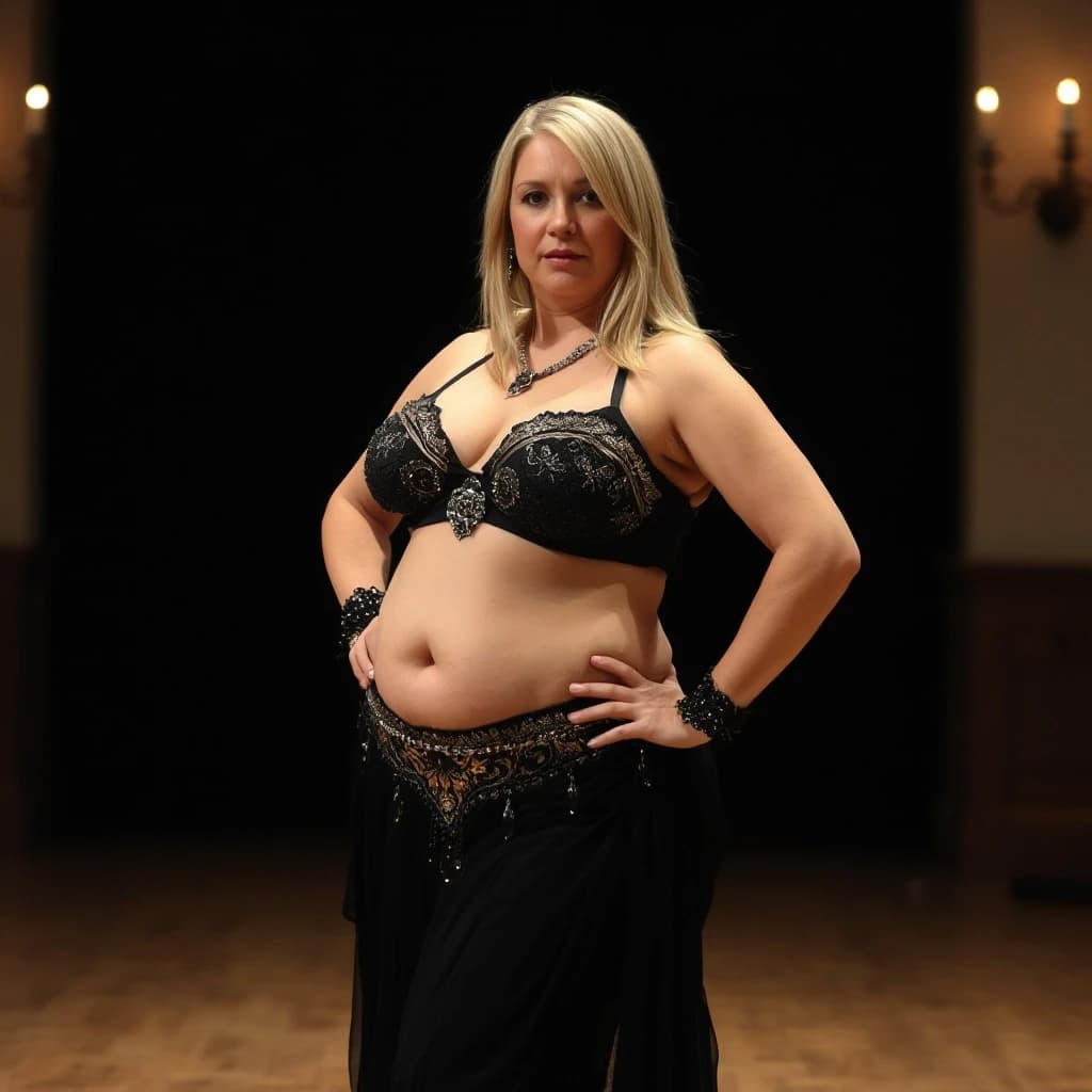 front view chubby belly dancer forty years woman in black costume blonde medium straight hair stand in hall