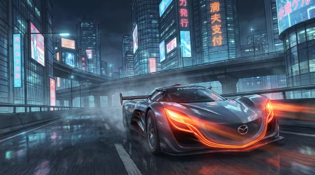 Mazda Furai, едет по дороге, эпичный ракурс, горящие фары, шедевр, крупный план, стиль аниме с реалистичными деталями, киберпанк,