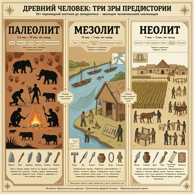 составь изображение из трех частей: палеолит мезолит неолит, подпиши названия