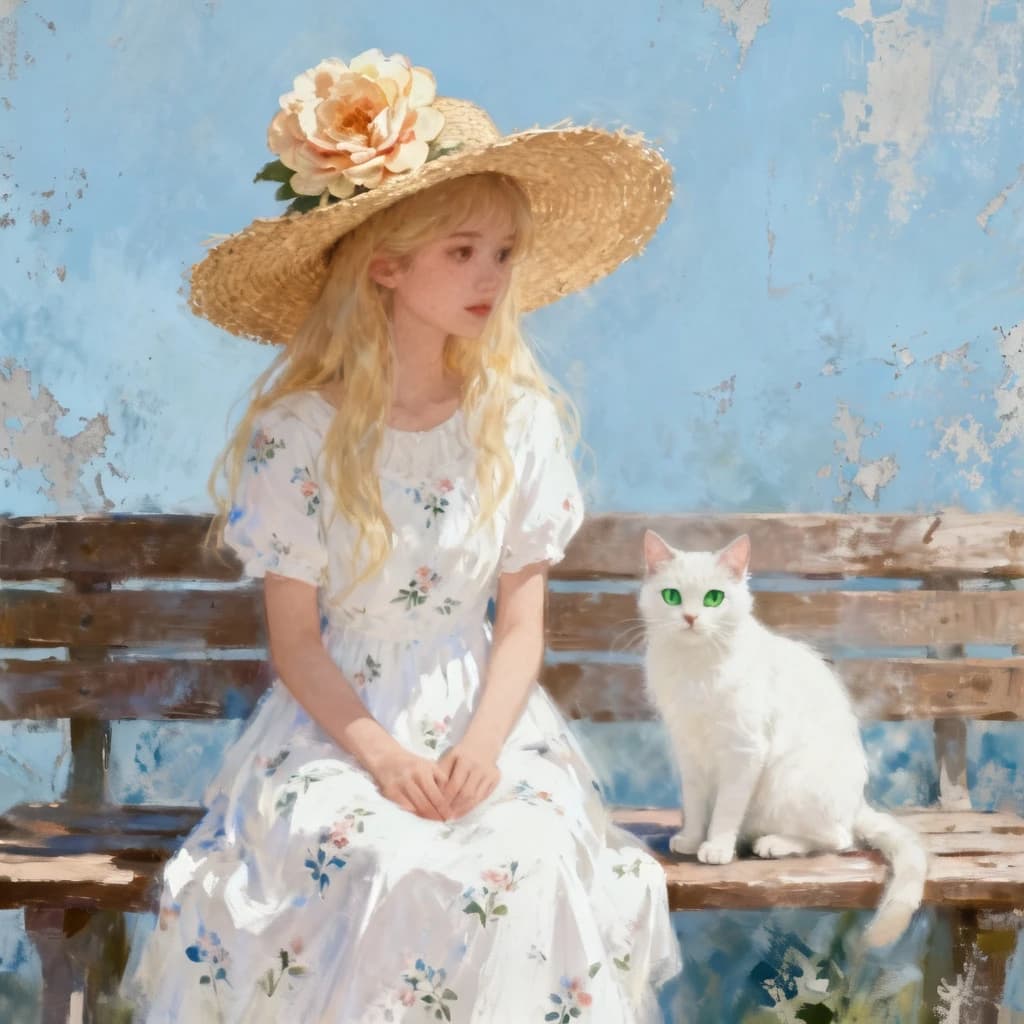 The image is a digital art piece that features a young woman with long blonde hair and a large straw hat with a large flower on top. She is wearing a white dress with a floral pattern and is sitting on a wooden bench. Next to her, there is a white cat with green eyes sitting on the bench. The background is a light blue color with a grungy texture. The overall mood of the image is dreamy and ethereal.