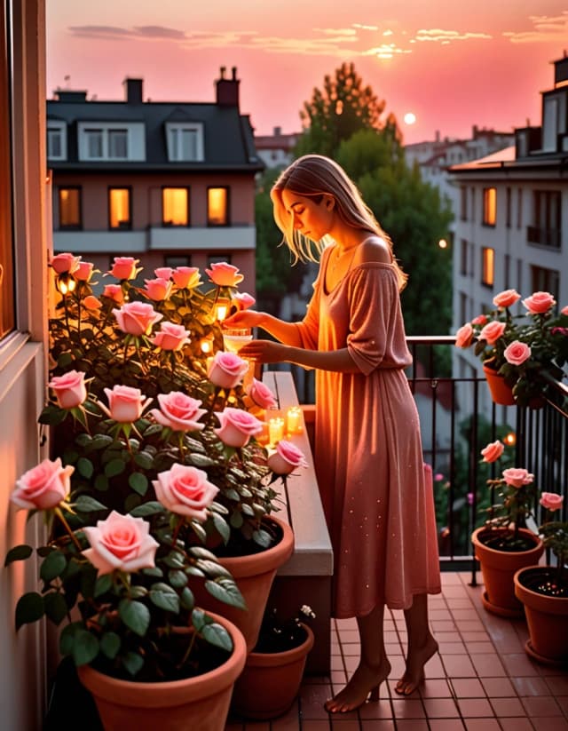A warm summer evening on a cozy flower-filled balcony. A woman waters blooming roses arranged along the railing in beautiful terracotta pots. The low sun turns the petals golden and pink, while water droplets sparkle like tiny lights. In the background, the evening city glows softly, apartment windows reflecting the last rays of sunlight. Nearby are elegant glasses, a small vase of flowers and an open book. A gentle breeze moves the curtain. Atmosphere of romance, warmth, peace and gratitude for a beautiful day. Cinematic photorealism, golden hour, soft bokeh, highly detailed, vertical greeting-card composition.