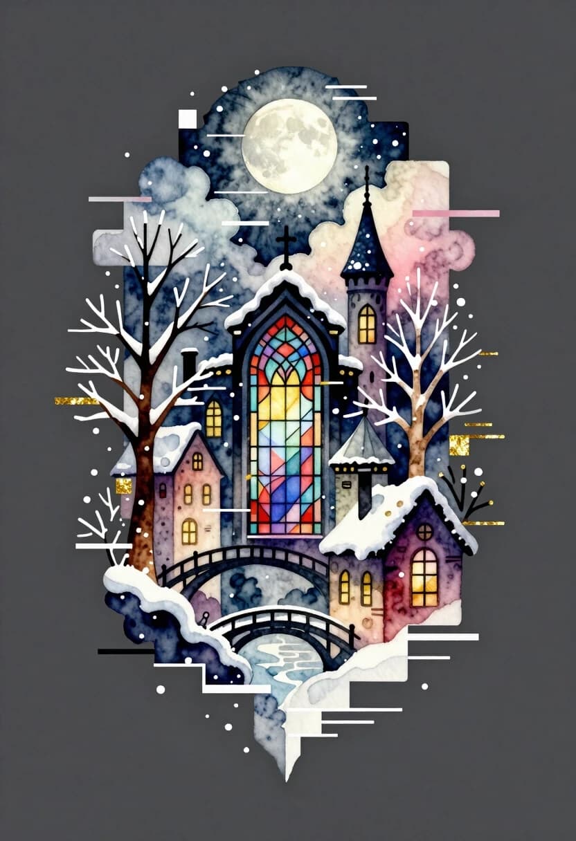 A watercolor painting is a logo or tattoo on a dark gray background with a gradient. Art deco. Vertical composition with an expressive glitch effect. The visible texture of canvas or textured watercolor paper. Glitch art: Everything consists of squares, with digital interference and distorted visual effects. An unusual fairytale city in the style of the Renaissance. Beautiful, unusual, with stained glass windows, bridges, towers. Delicate branching trees with frost and roofs covered with snow. Snowfall. It is made in digital format. Above, there is a full moon among the clouds. Vertical decorative composition. Everything consists of squares, with digital interference and distorted visual effects. Pastel, powdery shades. Deep shadows. Black lines drawn with pencil or charcoal to emphasize the main elements. Watercolor effects. Gold leaf accents, bright and shiny, emphasize important elements.