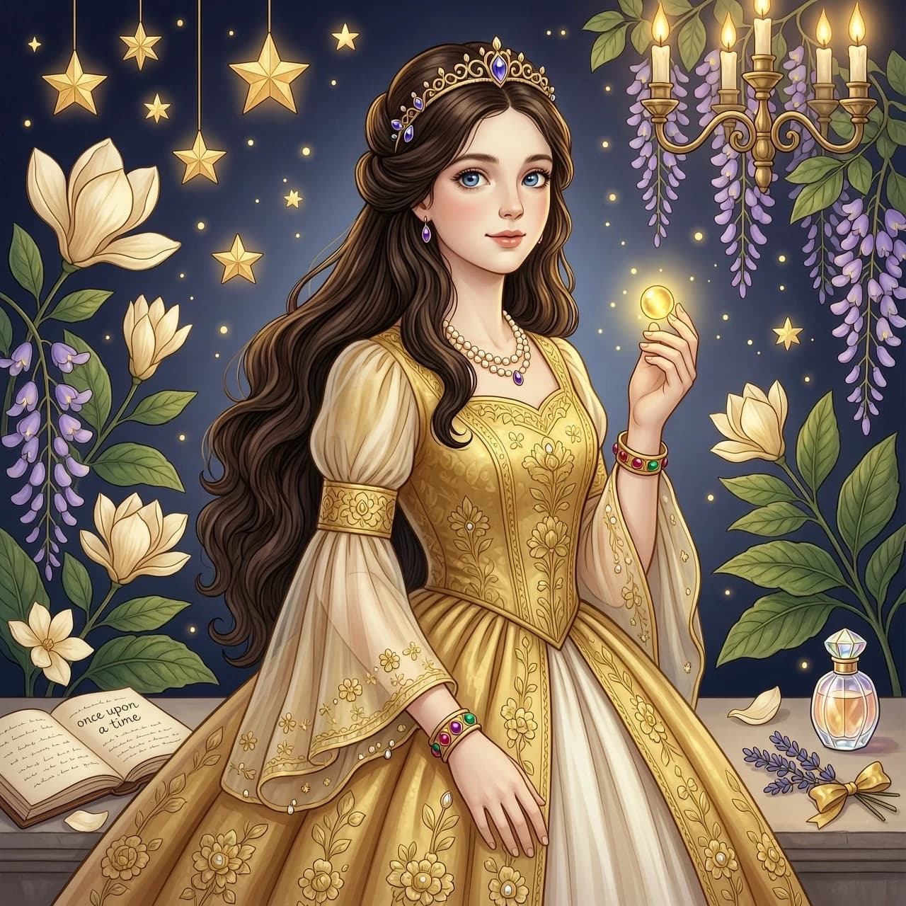 Create an artwork of a character — a girl, fairy‑tale-like, with long dark chocolate hair, blue eyes, a luxurious golden dress, soft lighting, and high detail.