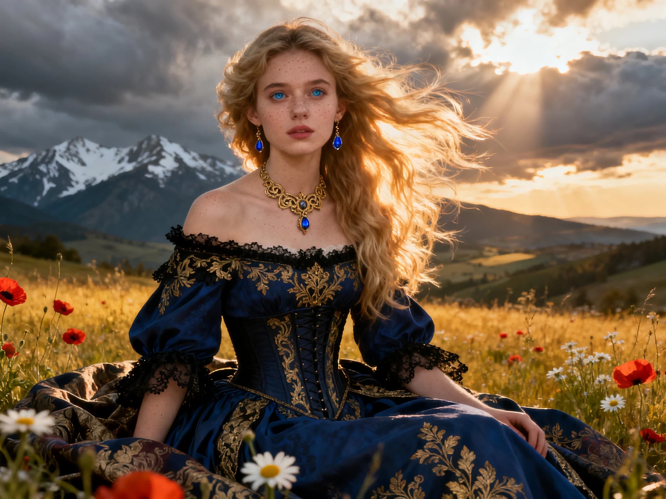 A hyper-detailed, cinematic portrait of a young woman seated in a windswept wildflower meadow at golden hour, wearing an ornate deep-blue off-the-shoulder gown with intricate gold embroidery and black lace trim, a fitted corset and brocade fabric pooling around her; long, voluminous blonde hair blown by the breeze with rim-lit strands catching the sun, delicate freckles and soft makeup, expressive blue eyes gazing wistfully toward the viewer, wearing antique gold filigree necklace and drop earrings with blue gemstones; dramatic cloud-filled sky and sunbeams breaking through, distant snow-capped mountains and rolling valleys with atmospheric perspective, warm golden highlights and cool shadowed tones, scattered poppies and daisies in the foreground, cinematic shallow depth of field, ultra-realistic textures, painterly lighting, high dynamic range, 8k detail, moody romantic atmosphere.