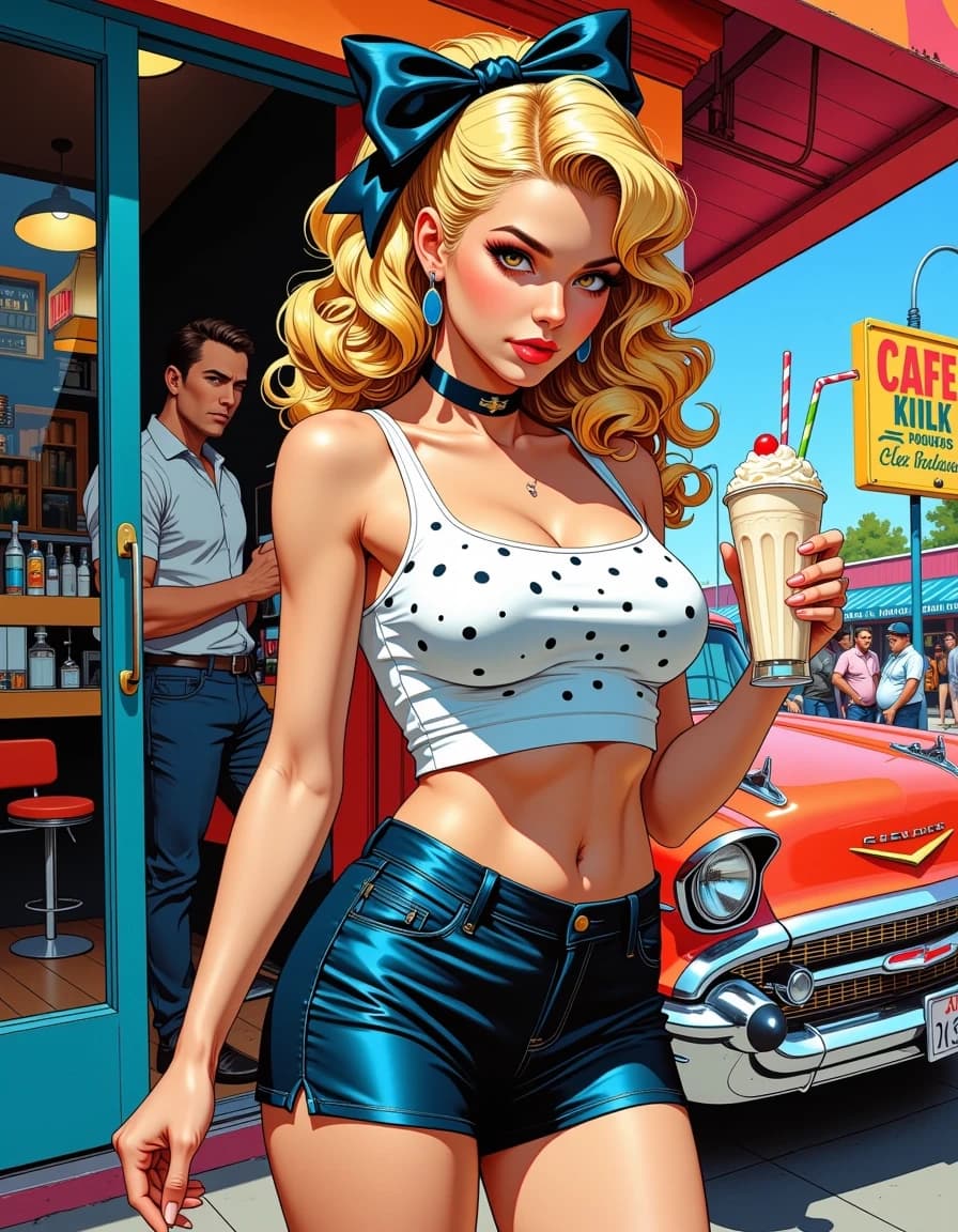 A masterpiece,  in the style of the 1980s, with bold lines, dynamic strokes and rich textures, on background with a touch of nostalgia, perhaps with subtle drawings inspired by cellulose and vintage, worn textures similar to paper, oil painting, Photorealistic airbrushing. A cheerful 50's pop art portrait, close-up view of a fierce rockabilly woman stepping out from an american iconic corner diner. She has a confident and edgy expression, carrying a delicious milkshake. She's wearing a cropped dotted top and a short skirt. She has a sculptured silhouette with a narrow waist. Her blonde hair is extremely voluminous intricate silky curls, styled in a rockabilly way, adorned with a big bow with dots. She has big piercing eyes, dark defined eyebrows, plump puckered lips, dramatic long wispy lashes, a pink tint on her highlighted cheeks. Her flawless skin is luminous, reflecting light. Background of a handsome man leaning on a vintage Chevrolet and various people in motion. Dramatic sense of height, depht and motion. Premium aesthetic with rainbow accents and striking chromatic contrasts. Ultra-vibrant and eye-catching. Stunning visual impact. A masterpiece with retro vibes.