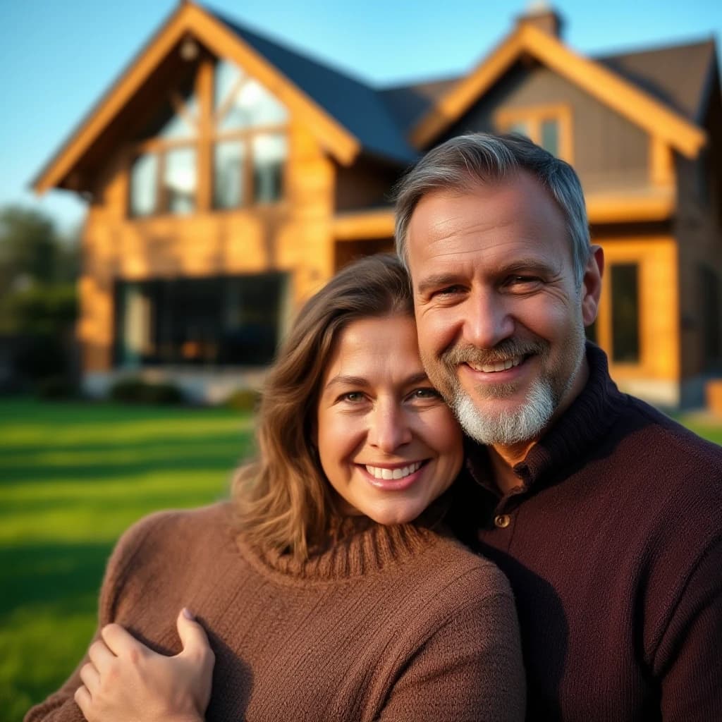 A close-up portrait of a happy smiling middle-aged Russian couple, a man and a woman, standing together, embracing lovingly. In the blurred background, a beautiful modern wooden frame house with a green lawn on a sunny day. Soft warm natural light, cinematic, realistic skin texture, highly detailed, photorealistic, 8k resolution.