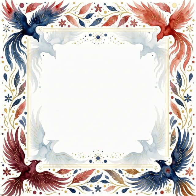 A beautiful watercolor border for a postcard, abstract firebird shape, soft red, gold and deep blue colors, artistic paint splashes, delicate gold lines, empty center for text, white background, professional illustration, elegant --ar 3:4