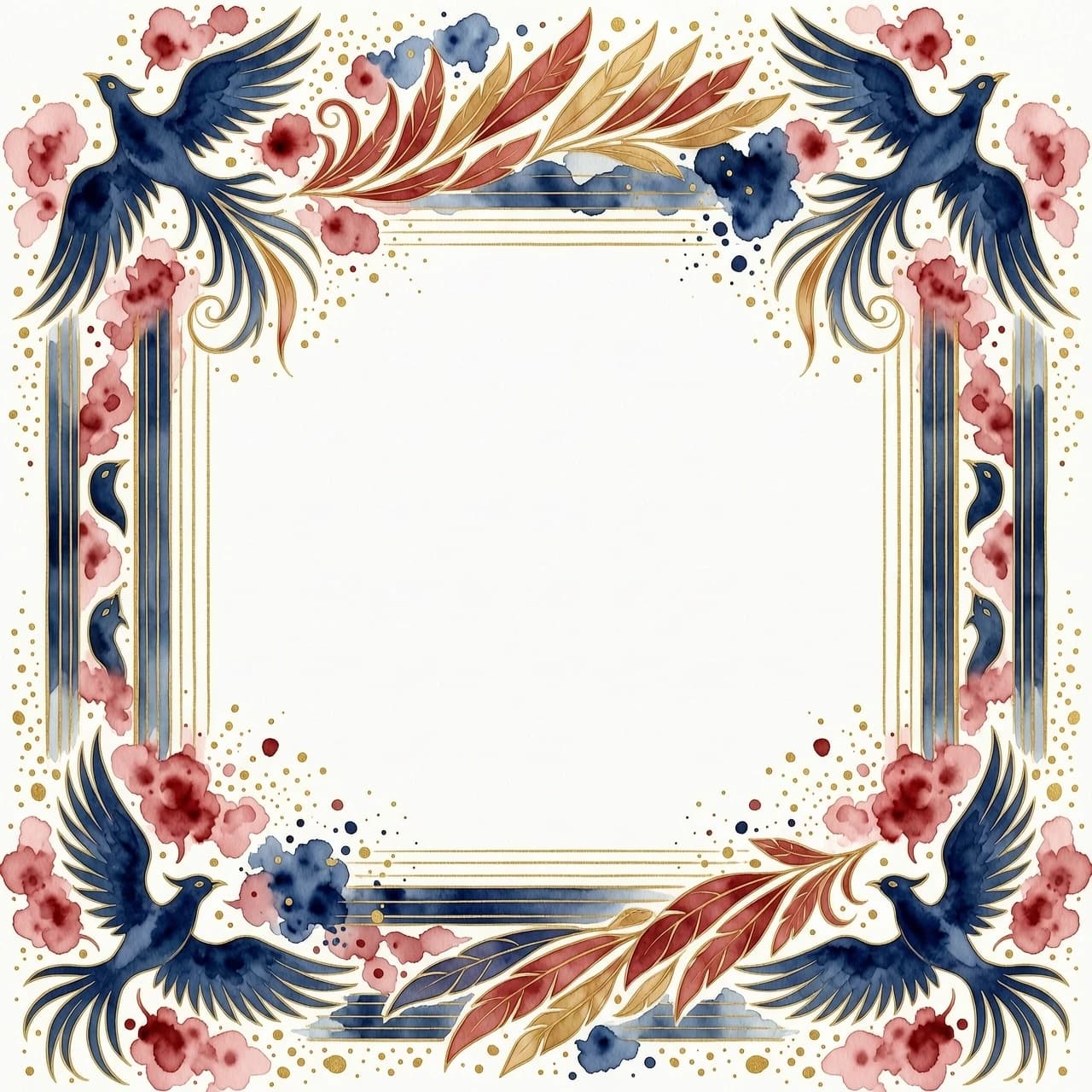 A beautiful watercolor border for a postcard, abstract firebird shape, soft red, gold and deep blue colors, artistic paint splashes, delicate gold lines, empty center for text, white background, professional illustration, elegant --ar 3:4