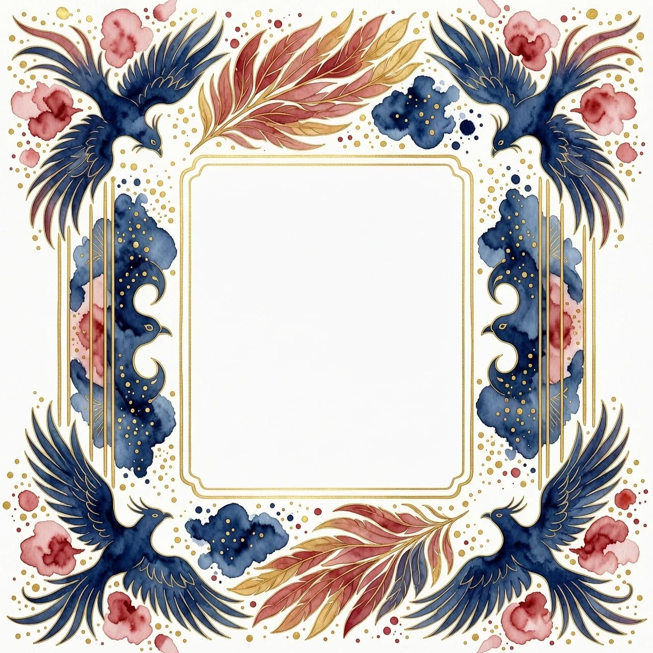 A beautiful watercolor border for a postcard, abstract firebird shape, soft red, gold and deep blue colors, artistic paint splashes, delicate gold lines, empty center for text, white background, professional illustration, elegant --ar 3:4