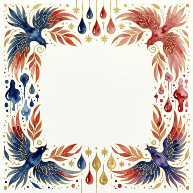 A beautiful watercolor border for a postcard, abstract firebird shape, soft red, gold and deep blue colors, artistic paint splashes, delicate gold lines, empty center for text, white background, professional illustration, elegant --ar 3:4