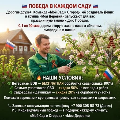 Нужно
Создать листовку для группы в соцсети по акции ниже.
на картинке должны быть цветы яблони и георгиевская лента.

🇷🇺 ПОБЕДА В КАЖДОМ САДУ 🇷🇺Дорогие друзья! Команда «Мой Сад и огород», её создатель Денис и группа «Моя Деревня» запускают для Вас праздничную акцию ко Дню Победы.
С 1 по 10 мая дарим вторую жизнь вашим яблоням, смородине и вишням.
🔥 НАШИ УСЛОВИЯ:
🌿 Ветеранам ВОВ — обработка сада БЕСПЛАТНО (100% скидка)
🌿 Семьям участников СВО — скидка 50% на все виды работ
🌿 Садоводам и дачникам — скидка 20% на обработку участка
Поможем деревьям и кустарникам проснуться красивыми и здоровыми.
📞 Запись и консультация по телефону: +7 900 308-58-73 (Денис)
P.S. Индивидуальный подход — в подарок каждому клиенту.

например, это не обязательно так должно быть, но как идея!!!!

ПЕРВЫЙ БЛОК:
Текст: «🌿 Ветеранам ВОВ»
Ниже огромными цифрами: 100% → цвет ЗОЛОТОЙ (или жёлтый).
Ещё ниже: «Бесплатно»
ВТОРОЙ БЛОК:
«🌿 Семьям участников СВО»
50% → цвет КРАСНЫЙ
«скидка»
ТРЕТИЙ БЛОК:
«🌿 Садоводам и дачникам»
20% → цвет ЗЕЛЁНЫЙ
«скидка»

фон примерно покажу, но хочу чтобы там были цветки яблонь, ленточка небо и т.п.

Ниже мелко, но читаемо:
«Акция с 1 по 10 мая» (белым или другим контрастным фону цветом).
Ещё ниже жирным:
«+7 900 308-58-73 Денис»
и маленькую строчку:
«Мой Сад и огород • Моя Деревня»