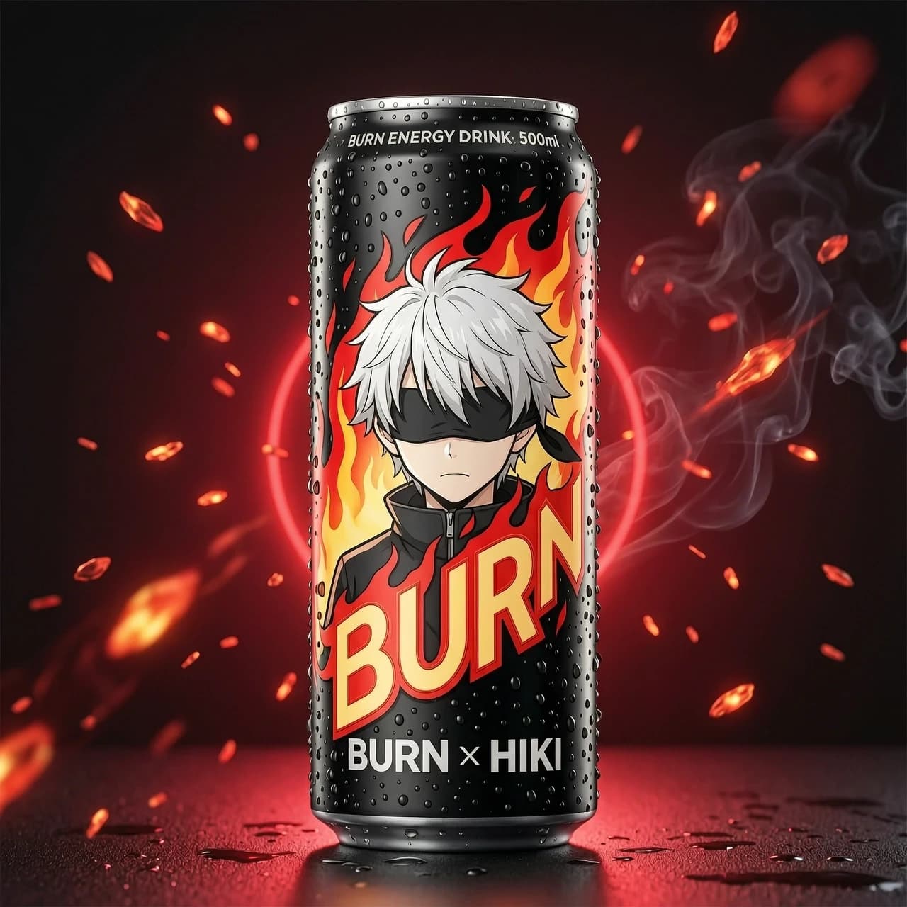 Commercial product photography of a sleek 500ml aluminum energy drink can, matte black finish covered in cold condensation droplets. Printed on the front of the can is a cool anime boy character with messy short white hair and a black blindfold covering his eyes. Intense red and glowing orange flames surround the character, seamlessly merging with the signature Burn energy drink flame design. Crisp metallic logo text at the bottom reading "BURN x HIKI". Dark dramatic studio background with crimson neon backlighting, floating fiery embers, and subtle smoke. Hyper-realistic render, 8k resolution, cinematic lighting, ultra-detailed textures.