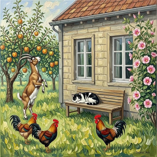 Рисунок маслом. Дом с двумя окнами. На заднем плане яблоня, коза стоит на задних лапах пытается достать верхнее яблоко. Перед окнами скамья, на ней спит кот. На углу дома цветет мальва. Гуляют куры, петух