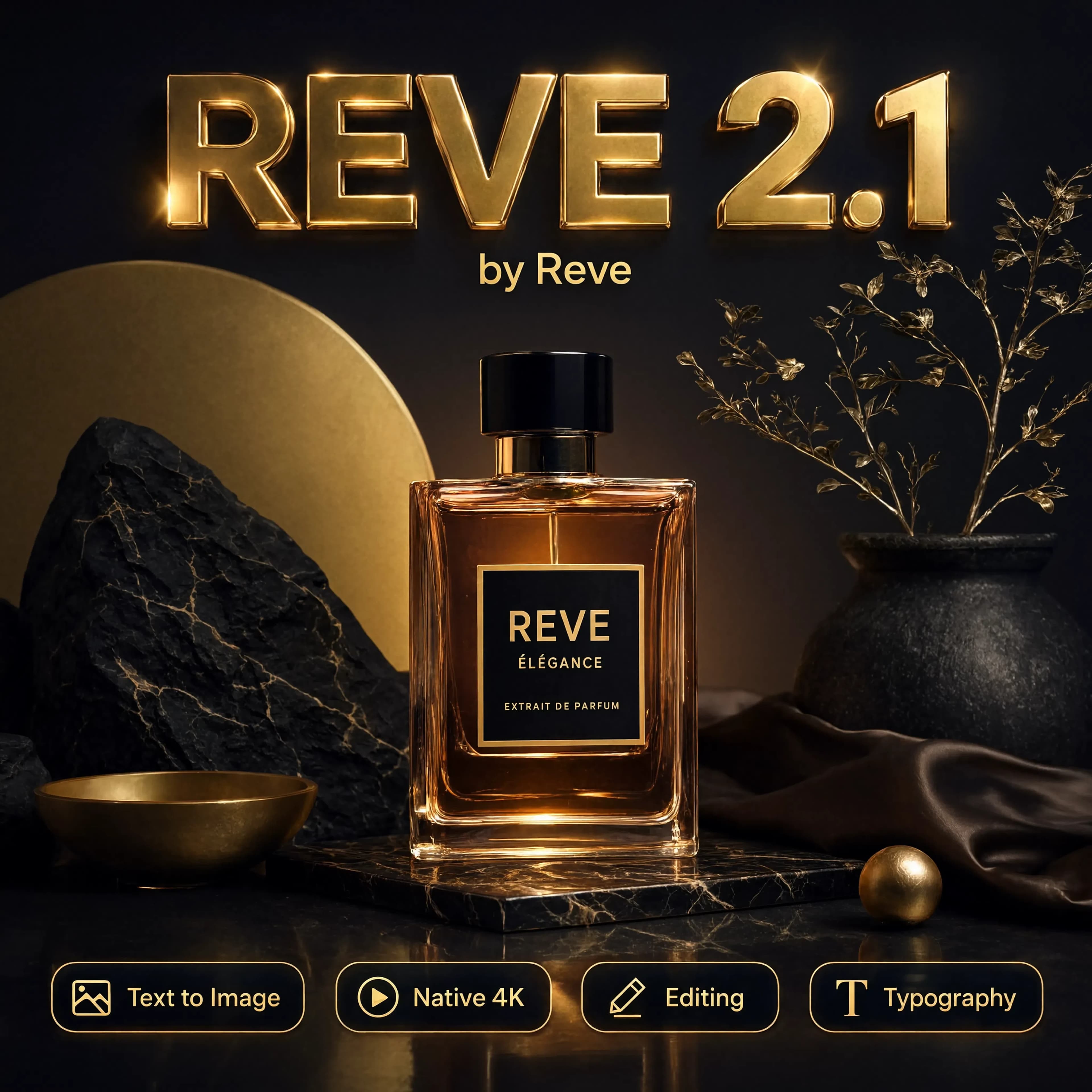 Premium cover poster, square composition, flat 2D graphic design, background covers 100% edge-to-edge, no frame no border. Bold glowing modern 3D typography text "REVE 2.1" appears exactly once centered near the top, crisp and perfectly legible, small brand tag "by Reve" beneath the title. Below it: a striking editorial hero scene — a dense luxury magazine-style still life with a sharp designer product and elegant lettering, dramatic studio light, ultra sharp 4K detail. At the bottom: a clean row of small glowing rounded feature badges with short legible labels: "Text to Image", "Native 4K", "Editing", "Typography". perfectly legible text, high detail, flagship poster quality, no extra labels