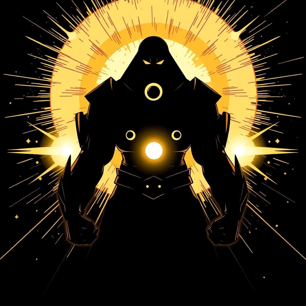 A human silhouette protected by a massive golden sphere of light, deflecting dark energy blasts, comic book style with cinematic dramatic lighting, dark graphic novel aesthetic, bold black outlines, no text, no words, 4k