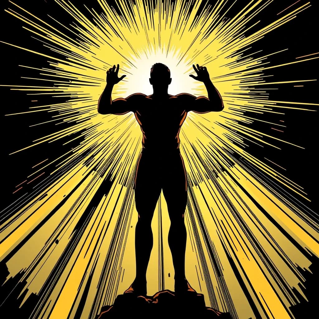 A human silhouette protected by a massive golden sphere of light, deflecting dark energy blasts, comic book style with cinematic dramatic lighting, dark graphic novel aesthetic, bold black outlines, no text, no words, 4k