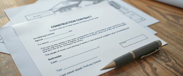 A close-up shot of an official construction contract document on a wooden desk. The document has blank spaces for signatures and stamp, with text appearing blurred and stylized so no specific language or letters are recognizable. A sleek pen lies nearby. In the soft-focus background, there are architectural house blueprints. Clean minimalist design, real estate business concept, photorealistic, 8k, cinematic lighting --ar 3:4 --v 6.0
