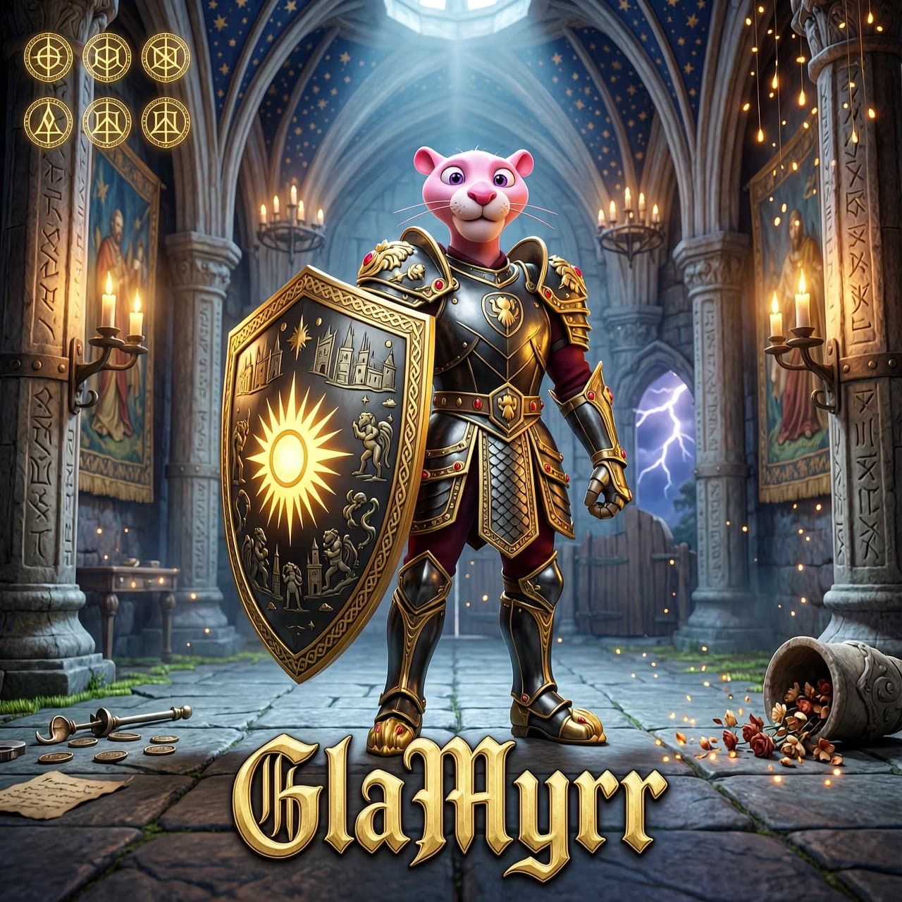 Pink Panther character in a stylized, heroic 3D render, cinematic animation style inspired by modern high-end video games. The Pink Panther stands in a powerful, majestic pose, wearing ornate medieval plate armor with gold filigree. He is holding a large, heavy knight's shield decorated with intricate engravings and a glowing crest. The background features a grand, epic fantasy guild hall with stone pillars, flickering torches, and floating magical embers. Dramatic volumetric lighting, rim light highlighting the panther's fur texture, epic atmosphere, cinematic composition, wide shot. At the bottom of the image, the text "GlaMyrr" is written in elegant, bold, embossed fantasy typography with a metallic texture. High detail, 8k, Unreal Engine 5 render, masterpiece.