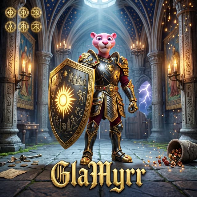 Pink Panther character in a stylized, heroic 3D render, cinematic animation style inspired by modern high-end video games. The Pink Panther stands in a powerful, majestic pose, wearing ornate medieval plate armor with gold filigree. He is holding a large, heavy knight's shield decorated with intricate engravings and a glowing crest. The background features a grand, epic fantasy guild hall with stone pillars, flickering torches, and floating magical embers. Dramatic volumetric lighting, rim light highlighting the panther's fur texture, epic atmosphere, cinematic composition, wide shot. At the bottom of the image, the text "GlaMyrr" is written in elegant, bold, embossed fantasy typography with a metallic texture. High detail, 8k, Unreal Engine 5 render, masterpiece.