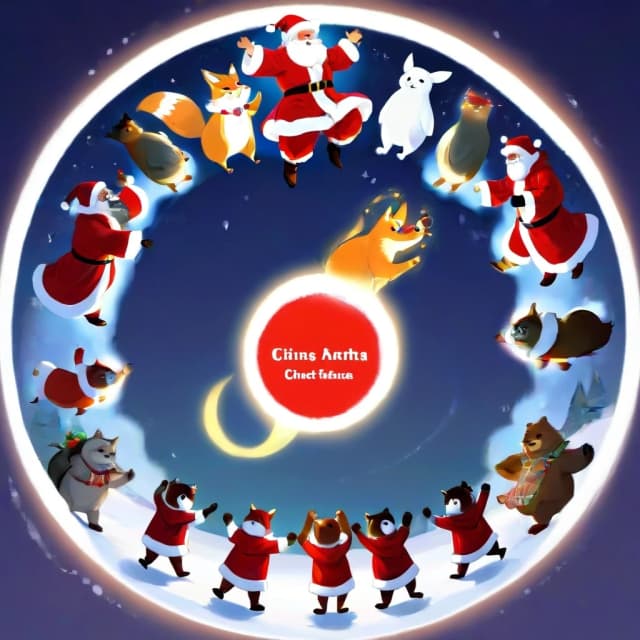 The fox, the owl, the bear, the hare, and the wolf lead a circle dance around Santa Claus in a red robe.
A total of five animals and one Santa Claus.
