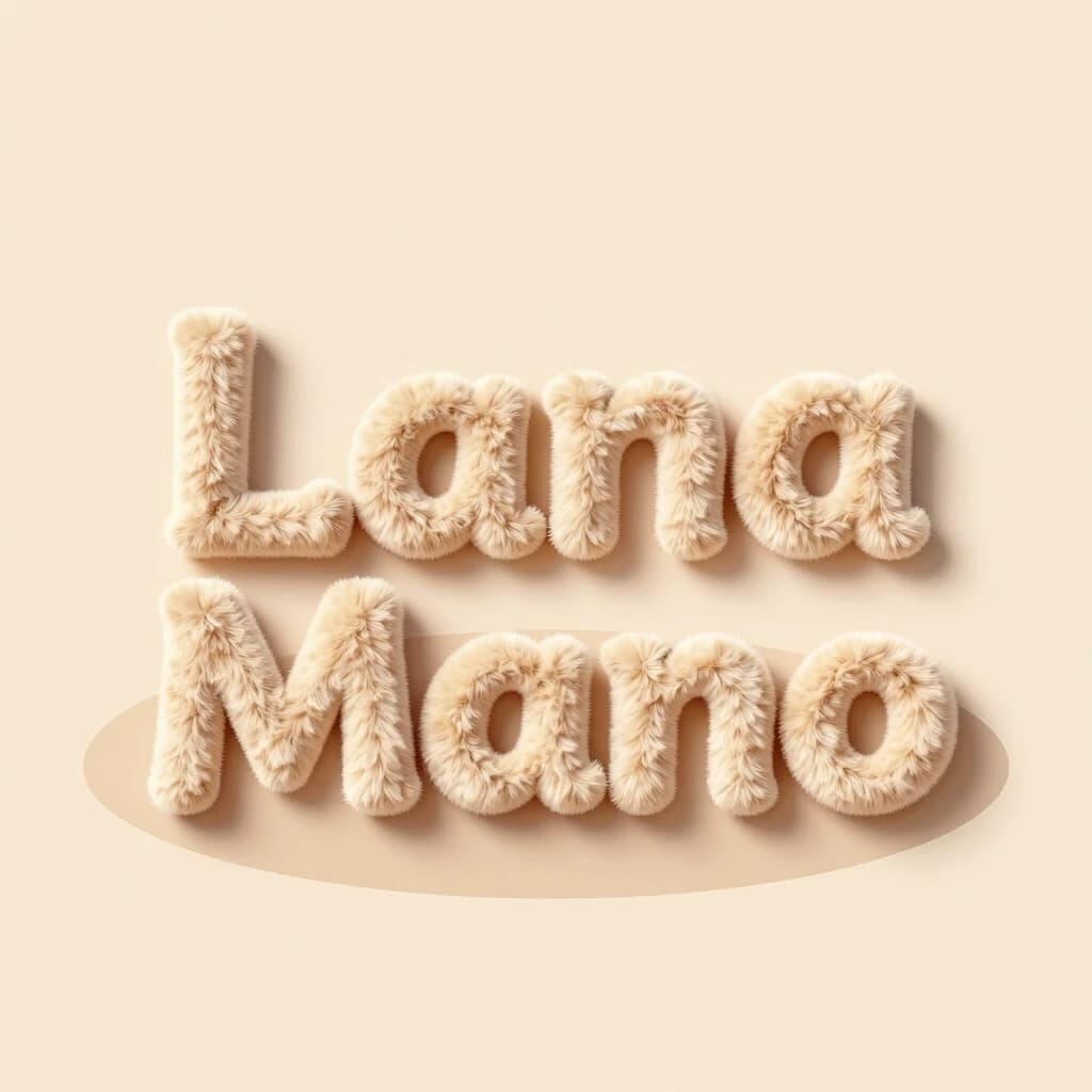 LanaMano logo, two lines: Lana on the first line, Mano on the second line; plush chenille typography, beige fur texture, soft rounded letters, warm beige background like the attached photo; subtle drop shadow under the letters and an oval ground shadow; centered composition, square aspect, high-resolution feel; minimal background, logo design фон: красивый нежный цвет, буквы на одной строке и тень от текста