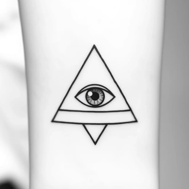 Minimalist black and white tattoo design. Three geometric triangles. They can be arranged in a circle, or nested, or overlapping. Inside the center — an open eye. The eye is clear, detailed, looking forward. The triangles are sharp, precise, with thin clean lines. Style: geometric, minimalist, line art, blackwork. No color, no background, no extra symbols. Only three triangles and one eye. Small size for inner wrist. Clean, powerful, symbolic. High resolution, vector style.