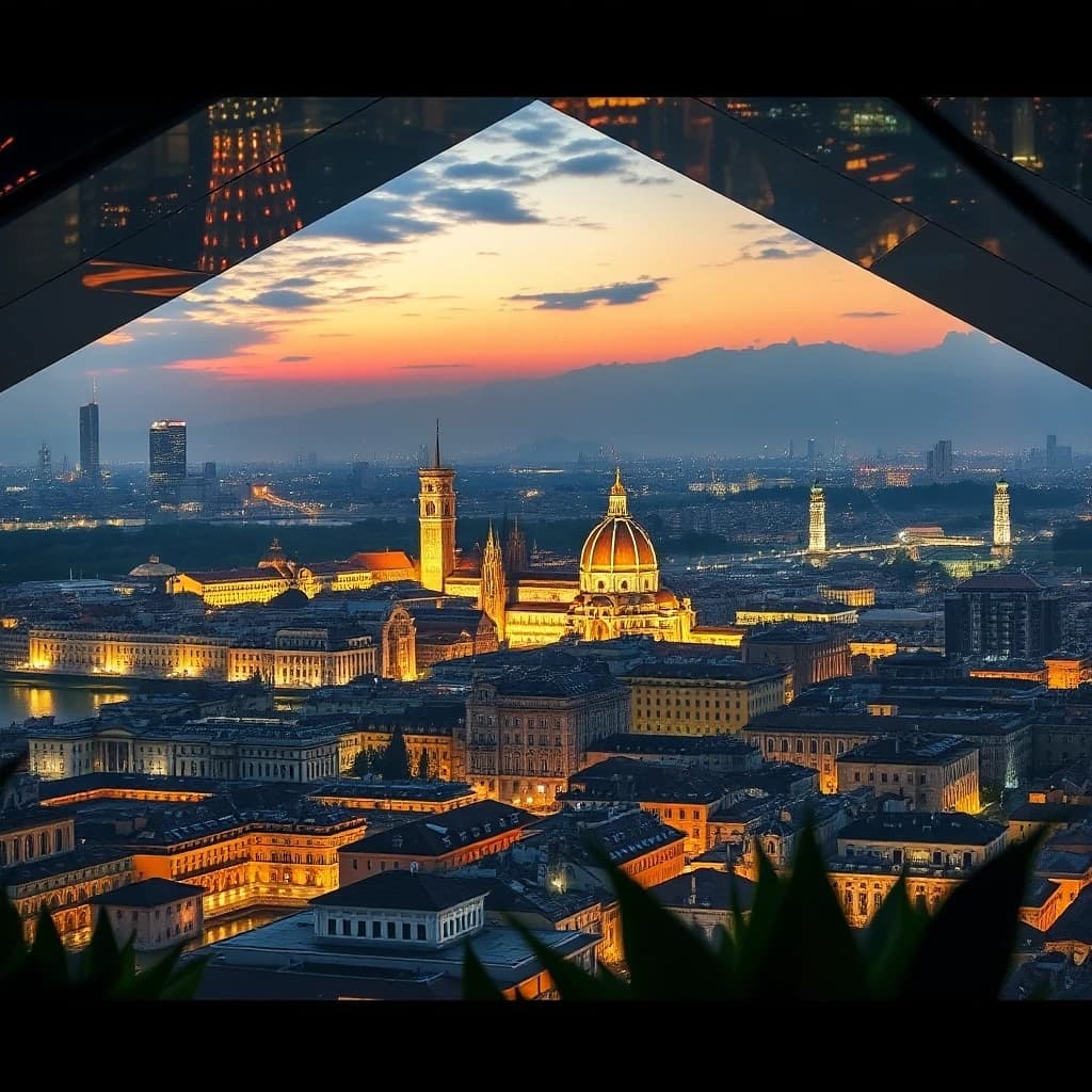 landscape of a Florence from inside of a Crystal palace, it is Arcadian, inside of The Burj Khalifa, award winning, specular lighting, F/14, Silver splash, designed by A. J. Casson, Kurzgesagt, idyllic, dynamic dramatic beautiful full taking, deep aesthetic, original, cinematic perfect intricate stunning fine detail, highly intricate, delicate