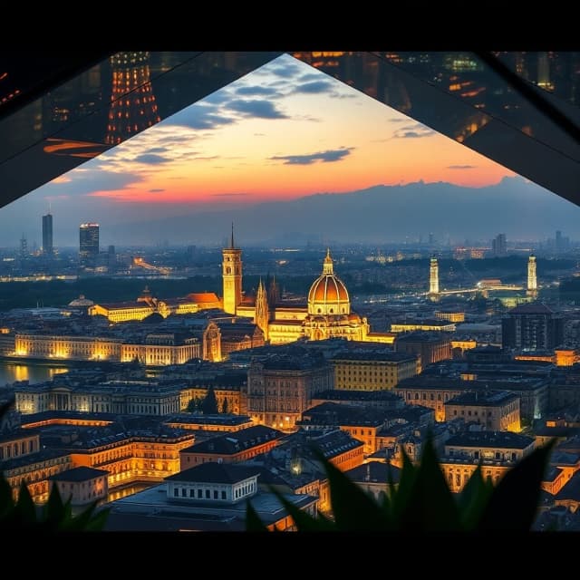 landscape of a Florence from inside of a Crystal palace, it is Arcadian, inside of The Burj Khalifa, award winning, specular lighting, F/14, Silver splash, designed by A. J. Casson, Kurzgesagt, idyllic, dynamic dramatic beautiful full taking, deep aesthetic, original, cinematic perfect intricate stunning fine detail, highly intricate, delicate