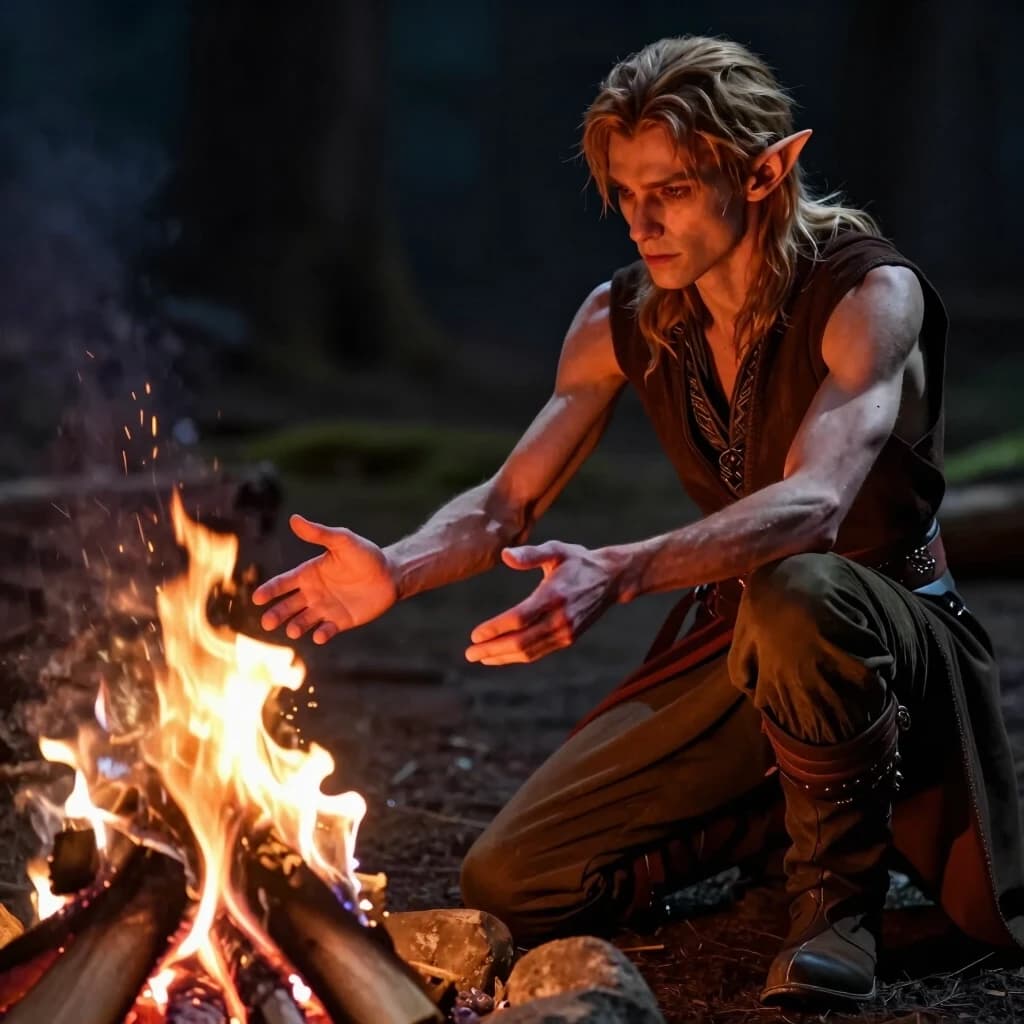 A slender, thin male elf is sitting on the ground, kneeling in front of a small campfire, and he is extending his hands toward it, palms facing the fire, to warm himself.