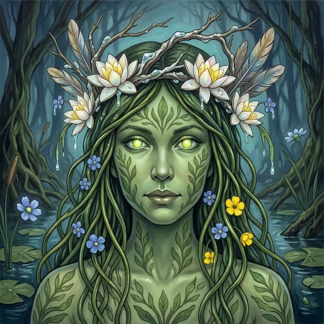 Create a high-resolution 16K HDR image that shows a close-up portrait of the Bog Lady, a magical guardian of the swamps. She is slender and graceful, with a combination of human and plant features. Her skin is a (greenish hue:1.4), with a subtle glow, and is adorned with (patterns resembling seaweed or flowers:1.2). Her eyes glow like those of a firefly. Her long hair, woven from seaweed and flowers, cascades down her shoulders and back. ((She has a crown on her head: the (flexible branches of a willow are intertwined with silver moss), forming a soft frame that follows the contours of her face. Instead of precious stones, the (crown is decorated with petals of water lilies), on which droplets of (transparent swamp water are frozen), shimmering with all the colors of the rainbow. Reeds decorated with (feathers of rare wading birds add lightness, and delicate cornflowers:1.5), forget-me-nots and buttercups add tenderness. Emerald strands of seaweed, resembling the hair of a mermaid, hang from the crown, swaying at the slightest movement)).The background features a dark but stunningly beautiful enchanted swamp, full of magical details and mysterious phenomena. The overall atmosphere should evoke a sense of wonder and mystery. Style: a mix of John Alexander, Moebius, Jean Giraud, Peter Morbacher, and Beeple. The aesthetic should be an exciting blend of fantasy and dark fantasy, with a focus on a mystical and magical style. Emphasize the magnificent details, the masterful composition, and the vibrant, almost hyperrealistic color palettes, (especially the crown of Bog Lady) and her eyes. Pay attention to the artistic qualities of acrylic paints.