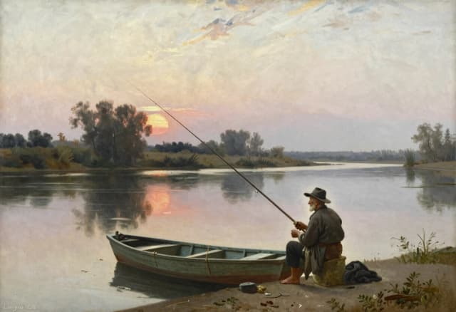 A landscape, by Loigi Loir, атмосферно,светлые тона.лодка,ранний закат на реке. на пленере.старый рыбак в шляпе с берега ловит рыбу удочкой.a masterpiece.достаточно насыщенные тона