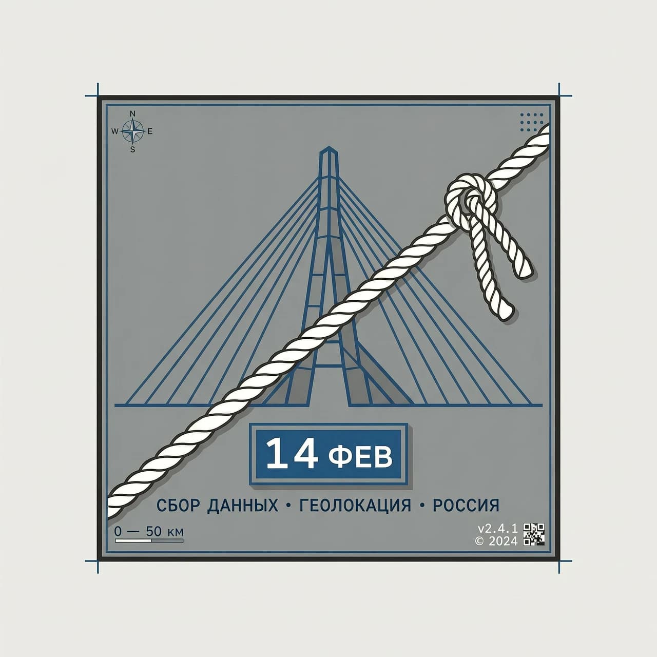 Визуальное решение: Логотип строится на основе квадрата или прямоугольника, напоминающего ячейку календаря или штамп даты. Внутри контура узнаваемого высотного объекта: например, ферма моста через реку (отсылка к популярным спотам вроде Карелии или Сочи), заводская труба или скала Куш-Кая. По диагонали этого объекта проходит толстая динамичная линия натянутой веревки со свободным концом.
Смысл: Четкость, структура данных, карта России (квадраты регионов). Подчеркивает формат сбора информации.
Цвета: Бетонно-серый (объект), стальной синий (металл мостов), белая веревка. Акцент можно сделать на цвете даты внутри «ячейки».
Шрифты: Моноширинный или технический шрифт (похожий на тот, что используется в инженерных чертежах или интерфейсах баз данных).