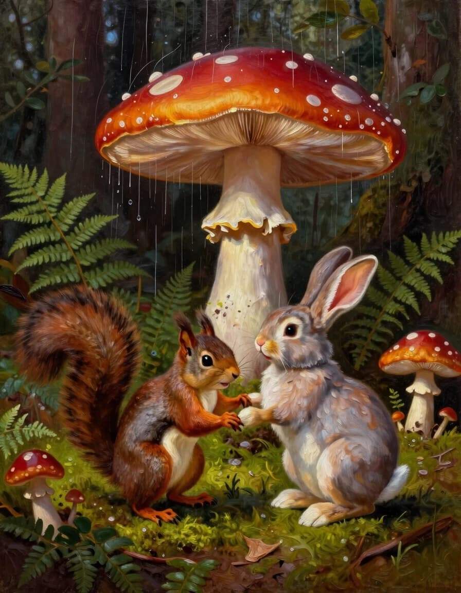 A masterpiece. Creating an image. Style - painting, oil, cartoon style.((A secluded forest glade among ferns, mushrooms and moss, in the foreground a squirrel and a bunny waltz together under a warm mushroom rain:1.6)). High resolution. High detail and clear texture. Close-up. High quality. Increased attention to small details. The aspect ratio is 3:4. The artists are Levitan, Shishkin.