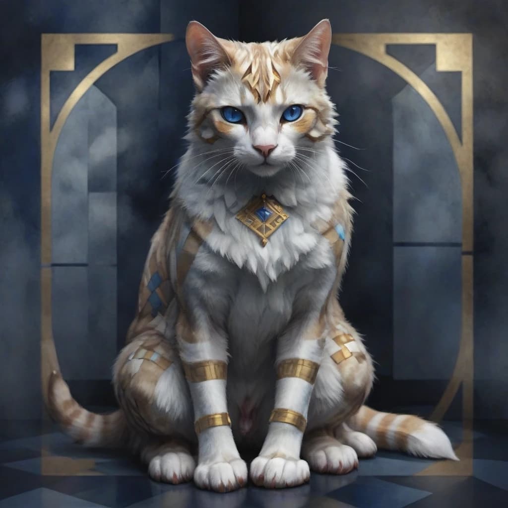 Watercolor in the Art Nouveau and Art Deco style. Vector art. ((On a dark geometric background with many squares and rectangles) (in the style of Mondrian). (Many ornaments). Elements of Palekh painting. An ornament in the shape of a surreal cat, with intricate patterns that form a light pastel figure of a sitting cat. Double exposure with blue and gold patterns. Close-up. Intricate patterns in the Gzhel style. Fractal curls. Shades of blue and gold. Style: Art Deco, Art Nouveau, Renaissance. Detailed composition on an abstract, suprematist background. A mesmerizing visual spectacle. In the style of Aivazovsky and Katsushiki Hokusai, and Piet Mondrian. High quality and detail.