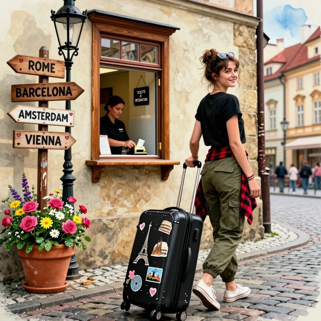 Photorealistic cinematic still, 8K resolution, ultra-detailed, rendered in a hyper-realistic style with a subtle mixed-media overlay: watercolor washes at the edges and sky, while all figures, textures, and foreground objects retain hard photographic detail and subsurface scattering.

Composition: wide-angle shot from a low perspective on a cobblestone street in a European city, slightly angled to create dynamic leading lines. Center-right: young woman walking away from the viewer but turning her head over her shoulder with a warm, inviting smile. She has messy bun-style hair with loose wisps framing her face; sunglasses are perched atop her head. She wears a cropped black t-shirt, olive-green cargo pants with multiple pockets, white canvas sneakers with textured soles, and a red-and-black plaid flannel tied around her waist. Her left wrist has a thin leather bracelet and a small watch. She pulls a black hard-shell rolling suitcase with four wheels; the suitcase is covered in travel stickers: Eiffel Tower (Paris), Colosseum (Rome), Sagrada Família (Barcelona), windmill (Amsterdam), Prague Castle, St. Stephen’s (Vienna), London Eye, and decorative floral and heart motifs. Each sticker shows slight wear, curled edges, and micro-dust accumulation.

Left foreground: vintage wooden directional signpost with multiple arrow-shaped boards pointing in different directions; each board reads a city name in a rustic serif font: “PARIS”, “ROME”, “BARCELONA”, “AMSTERDAM”, “PRAGUE”, “VIENNA”; small hand-painted hearts accent some boards. The post is dark-stained wood with visible grain and chipped paint; beside it stands a black wrought-iron street lamp with a glass globe and intricate scrollwork. At the base of the post: a large terracotta planter overflowing with mixed flowers—deep pink roses, yellow daisies, white baby’s breath, and purple statice—with visible dewdrops on petals and leaves.

Center-left, integrated into the stone wall of a building: ticket office window with a polished oak frame, brass hinges, and a small transom above; the lower sash is half-open, revealing a uniformed cashier inside—partially visible, mid-gesture, holding a ticket and a brass ticket puncher. Above the window, a small black enamel sign reads “TICKETS & INFORMATION” in white uppercase letters. The glass pane shows faint reflections of the street and subtle condensation patterns. To the right of the ticket window, a small brass plaque with the station name “EUROPEAN CROSSROADS STATION” and the year “1928”.

Background: layered cityscape with iconic landmarks. Dominating the left-center background: Eiffel Tower in wrought iron detail, with rivets, lattice structure, and subtle weathering. To the right: Florence Cathedral dome with terracotta tiles, ribbed structure, and lantern; further right, a glimpse of Big Ben’s clock face showing 10:10. Behind them, a range of snow-capped mountains under a partly cloudy sky with soft cumulus formations.

Right side: charming street café with wrought-iron balcony above, spilling with trailing ivy and potted geraniums. Hanging from the building: a round vintage-style sign reading “Café de Flore” in elegant script on a dark background with gold trim. Below, outdoor seating with woven cane chairs and small round tables; one table holds a white ceramic espresso cup, a small plate with a croissant, and a folded newspaper corner.

Midground: vintage red compact car (resembling a Fiat 500) parked at the curb, with chrome bumpers, whitewall tires, and a slightly dusty windshield. Behind it, a row of pastel-colored townhouses with shuttered windows, flower boxes, and tiled roofs.

Street details: cobblestones with irregular shapes, moss growing in the crevices, and wet patches reflecting ambient light. Small debris—a discarded ticket stub, a fallen flower petal, a tiny brass button—adds realism.

Lighting: warm golden hour sunlight from the upper left, casting long, soft shadows; highlights glint on metal, glass, and wet stone. Cooler fill light from the sky creates balanced contrast; subtle lens flare near the top left corner.

Atmosphere: vibrant, joyful, and nostalgic, evoking the romance of European travel. The composition balances the central figure with rich background detail, while the ticket window grounds the scene in a specific moment—the start of a journey.

Focus: sharp on the woman, suitcase, and ticket window; gentle depth-of-field blur on distant buildings and background figures. Realistic material textures: matte stone, glossy paint, brushed brass, woven fabric, and weathered wood.

Camera settings: 35mm equivalent lens, f/2.8, ISO 400, slight motion blur on the woman’s hair and fabric to suggest a gentle breeze, shallow depth of field to emphasize narrative elements.

Style: photorealism with a curated mixed-media aesthetic—every object grounded in historical and cultural accuracy for a classic European travel theme, rendered with maximum texture, lighting realism, and emotional warmth.