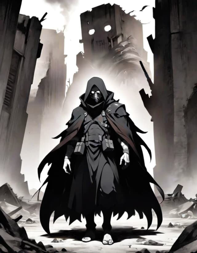 A towering, broad-shouldered man with a large, heavy-set frame, a post-apocalyptic trader wandering through a desolate wasteland, ruined buildings and debris in the background, his entire body completely concealed under a single long, flowing dark monochrome cloak that drapes from his shoulders to the ground — absolutely no skin visible anywhere, his face hidden behind a sinister respirator gas mask with multiple corrugated tubes, and on his head, instead of a hat, a gigantic flat circular metal disc is strapped horizontally like a traditional Japanese wide-brimmed hat (sugegasa/kasa), resting on his head like a massive flat parasol, this metal disc dominates his silhouette and is the most prominent visual element, black and white ink illustration, highly detailed cross-hatching and stippling, gritty texture, extreme high contrast, cinematic dramatic lighting with deep shadows, imposing silhouette, raw post-apocalyptic vibe, sharp focus, masterpiece