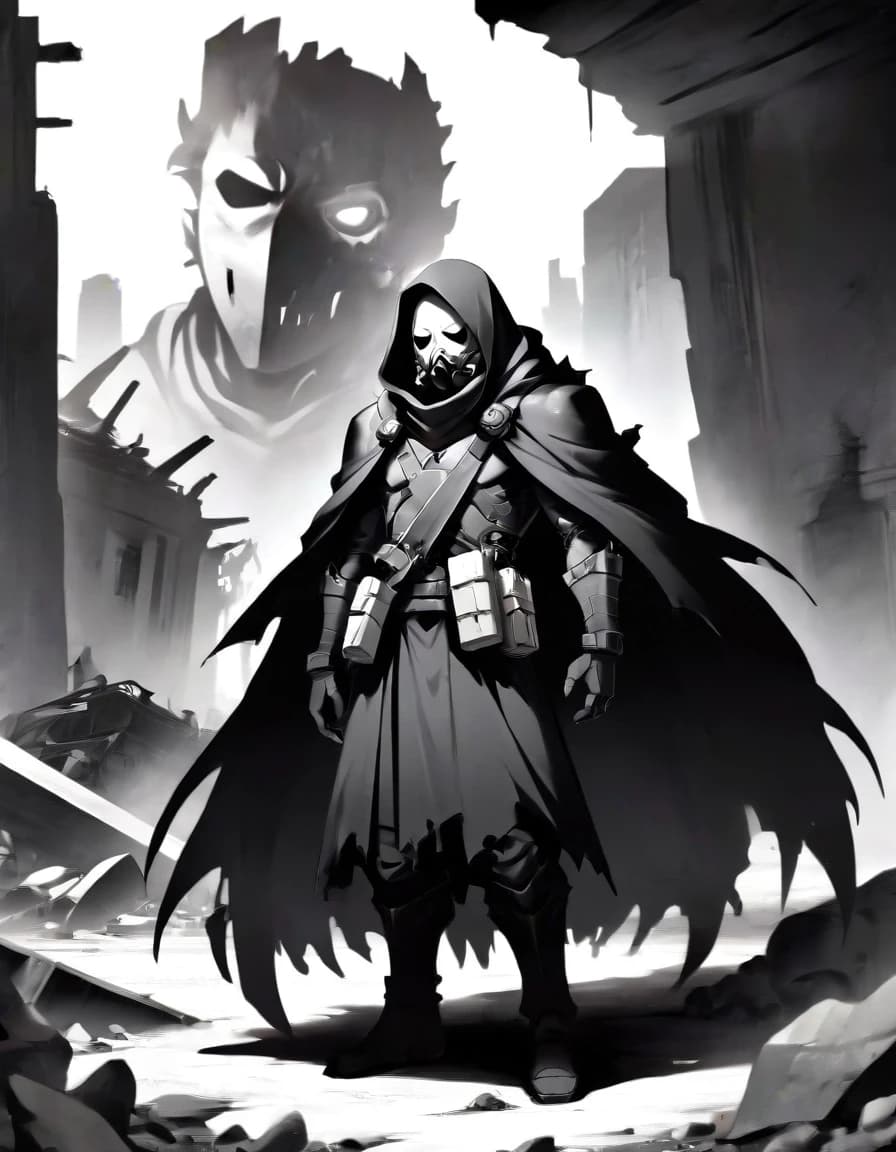 A towering, broad-shouldered man with a large, heavy-set frame, a post-apocalyptic trader wandering through a desolate wasteland, ruined buildings and debris in the background, his entire body completely concealed under a single long, flowing dark monochrome cloak that drapes from his shoulders to the ground — absolutely no skin visible anywhere, his face hidden behind a sinister respirator gas mask with multiple corrugated tubes, and on his head, instead of a hat, a gigantic flat circular metal disc is strapped horizontally like a traditional Japanese wide-brimmed hat (sugegasa/kasa), resting on his head like a massive flat parasol, this metal disc dominates his silhouette and is the most prominent visual element, black and white ink illustration, highly detailed cross-hatching and stippling, gritty texture, extreme high contrast, cinematic dramatic lighting with deep shadows, imposing silhouette, raw post-apocalyptic vibe, sharp focus, masterpiece