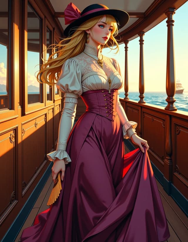 A masterpiece,  in the style of the 1980s, with bold lines, dynamic strokes and rich textures, on background with a touch of nostalgia, perhaps with subtle drawings inspired by cellulose and vintage, worn textures similar to paper, oil painting, A photorealistic, cinematic portrait of an elegant Edwardian woman on the wooden deck of a vintage steam yacht at golden hour: full-body, three-quarter frontal view as she walks toward the camera with her deep plum pleated skirt trailing in the breeze, wearing a cream satin high-neck corseted bodice with intricate lace yoke and ruffled cuffs, a small black hat with brooch, delicate drop earrings, and holding a folded lace fan. Warm rim light from the sunset illuminates her face and silk textures, soft fill light preserves detail, subtle film grain and rich color grading emphasize cream, plum, warm oak and sea-blue tones. Detailed materials and textures: satin sheen, lace embroidery, polished brass railings, carved wood paneling, weathered deck planks. Composition: vertical frame, shallow depth of field (85mm, wide aperture feel), sharp subject, gently blurred ocean horizon with a distant steamship, natural, confident expression, high-resolution, ultra-detailed, realistic skin, fabric micro-detail, moody yet elegant atmosphere.аниме белая блондинка c длинными волосами желтыми , c зади на волосах крастный бант, сама она одета в красно белое платье, голубые глаза и милый румянец, белые рукова на руках. и с желтыми серьгами