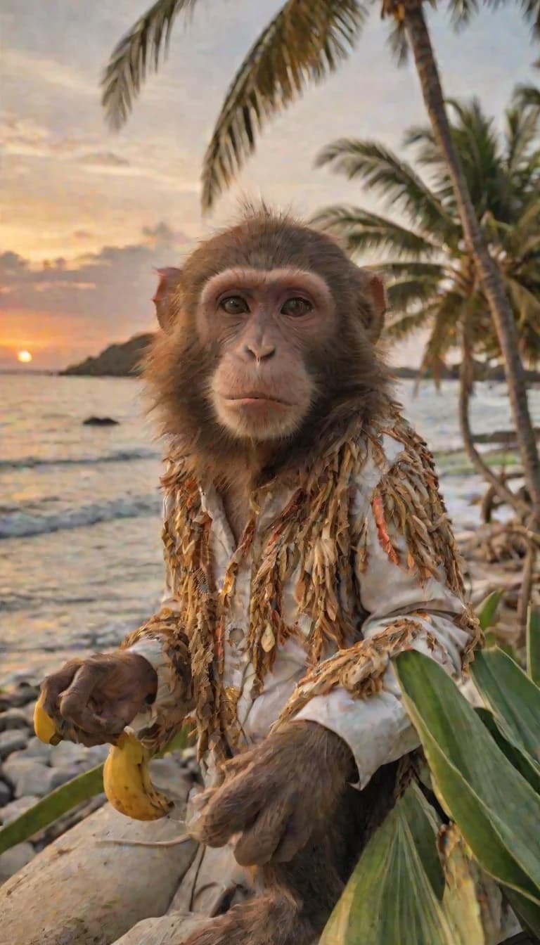 A comical picture. A monkey dressed in clothes is sitting in the palm tree leaves with a banana in its hand, surrounded by a colorful sunset on the ocean coast