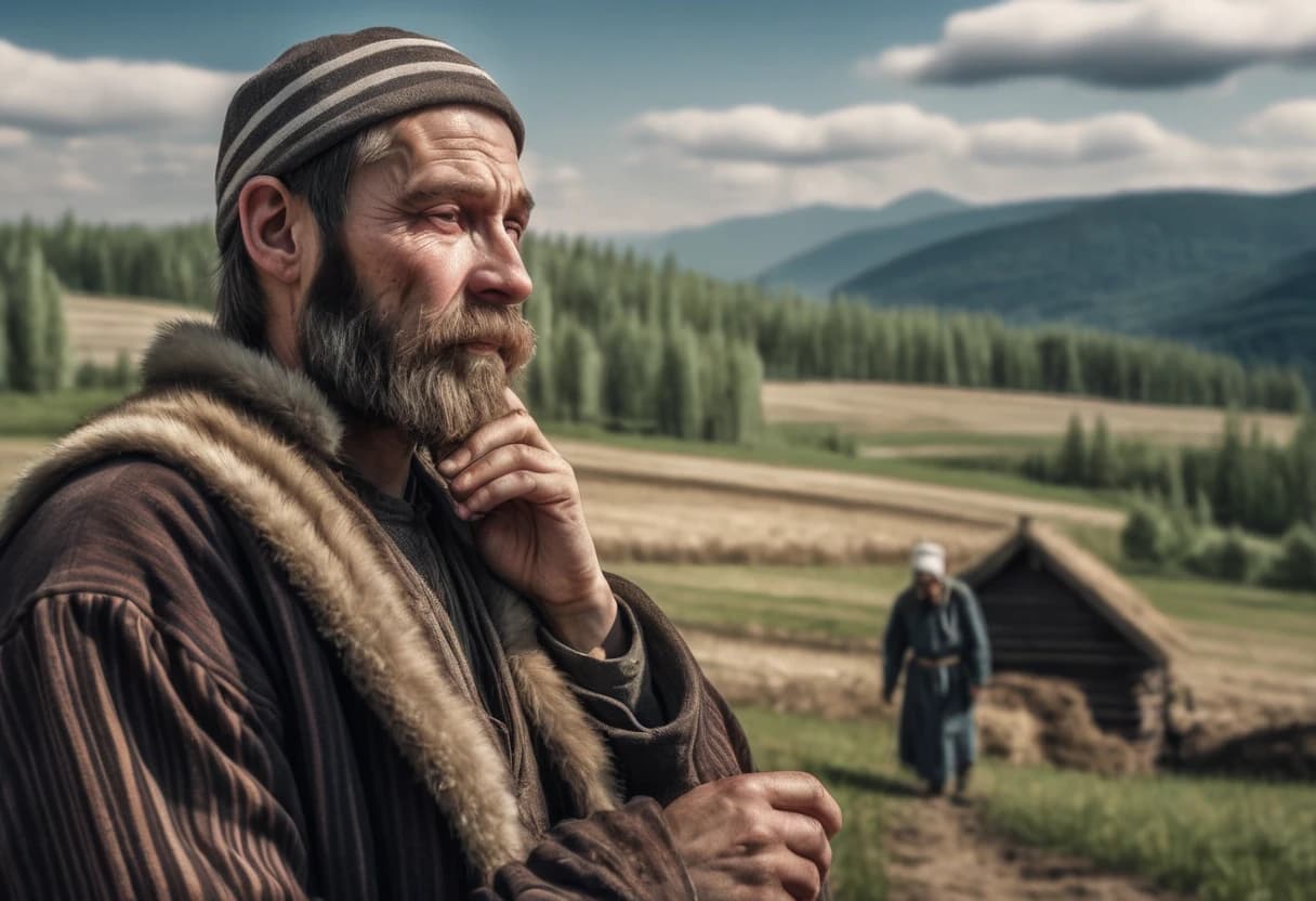 В фотореалистичном стиле. На переднем плане в правой части изображения виден русский взрослый мужчина среднего возраста с бородой, в старинной крестьянской русской одежде. Вытирает рукой лоб. На заднем плане вертикальными полосами видны разные природные ландшафты - тайга, горы, пашня в равнинной местности, степь. Все указанные ландшафты видны с одного ракурса - как бы от главного героя, от земли. Никаких видов сверху и панорам. Ландшафты будто переходят один в другой.