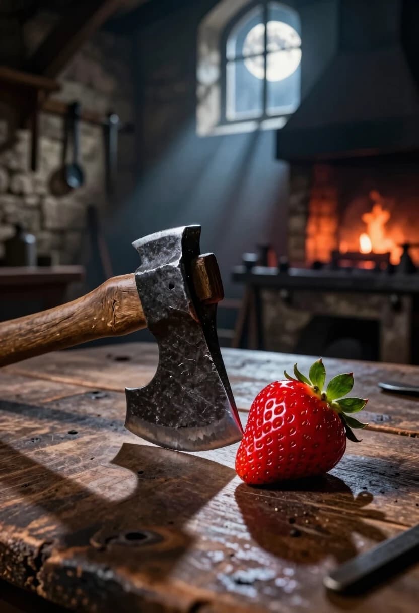 Hyper-detailed photorealistic image, 8K, dramatic low-angle shot. In the foreground, a heavy, weathered battle axe with a dark wooden handle and a chipped metal blade rests diagonally across a rustic wooden table. The axe’s edge is razor-sharp, with a subtle gleam that hints at its danger — tiny nicks and scratches tell the story of many battles. Right beside the blade, almost touching it, lies a single ripe strawberry: plump, glossy, its bright red surface dotted with tiny seeds and crowned with a fresh green leafy cap. The contrast between the brutal weapon and the delicate fruit is stark and arresting.

The background is a moody, dimly lit medieval workshop: rough stone walls, hanging tools, and a faint orange glow from a distant forge. A single beam of cold moonlight cuts through a high window, illuminating the axe and the strawberry and casting long, dramatic shadows. The textures are hyper-realistic: the grain of the wood, the cold metallic sheen of the blade, the juicy, almost translucent skin of the strawberry.

Mood is tense and surreal — a quiet moment where danger and sweetness coexist in uneasy harmony. Style is cinematic still-life photography with a fantasy twist, emphasizing the unexpected juxtaposition and the tactile quality of every surface.