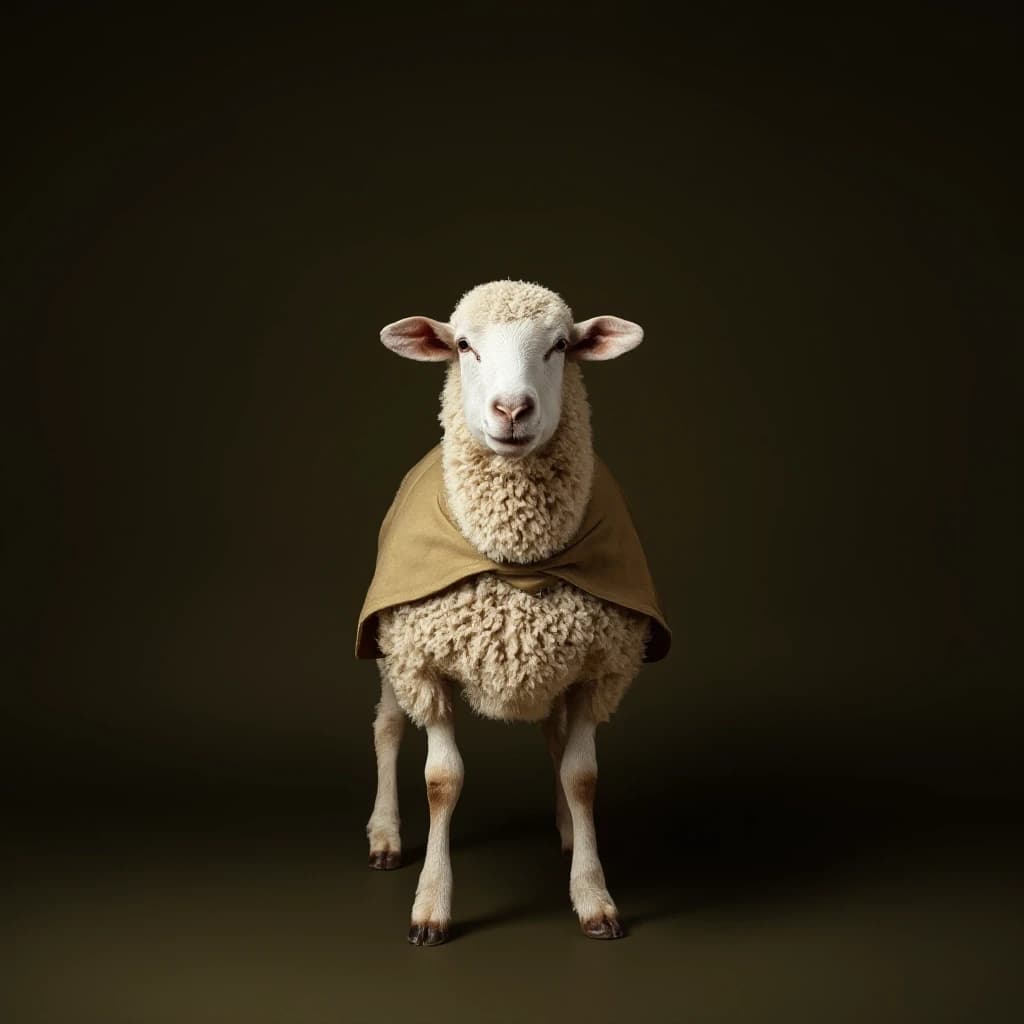 Draw a symmetrical frontal frame in the style of Wes Anderson for the A6 format. In the center is a full—length sheep (in a relaxed pose), with a light olive—colored cape on her shoulders. The background is a muted matte olive, without unnecessary elements. Palette: olive, dark gray, brown, beige. The lighting is subdued, atmospheric, and soft shadows. High detail: the texture of the cape fabric, the proportions of the sheep are anatomically precise. No labels. 8K, cinematic style.