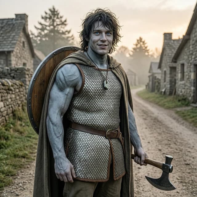 Fantasy character art,  portrait of a young male half-goliath half-human adventurer, about 25 human years old. He has a massive, sturdy, muscular build and broad shoulders, but no exaggerated bodybuilder veins. His skin is smooth stone-grey, with human-like texture, not rocky. His face is naturally good-looking but not studio-perfect: slightly asymmetrical, real, youthful, with a strong jaw and an open expression. No deep wrinkles, no heavy scars. His hair is dark, shoulder-length, genuinely messy and unkempt — greasy, windblown, uneven strands, not styled, not Hollywood messy. He has bright, clear blue eyes. He wears practical scale mail armor under a simple, worn traveling cloak; the cloak is slightly open so the scale mail is visible. A round wooden shield with metal reinforcement is strapped to his back only — no shield in his hand. In left hand he holds a one-handed, single-edged battle axe. His right hand is empty. Around his neck is a simple stone amulet. He looks like a strong village lad who has just begun adventuring: sturdy but not yet hardened. Background: village edge or forest road at dawn. Natural, soft daylight, realistic fantasy style, detailed textures, no glamour, no cinematic studio lighting. --ar 3:4
