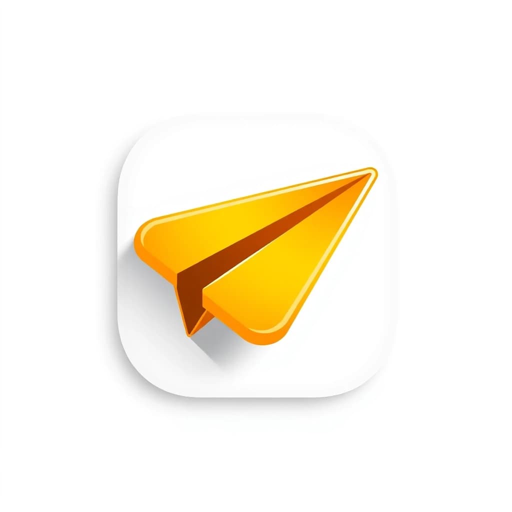 3D cartoon game icon, glossy paper airplane / send arrow, golden orange gradient, soft rounded clay style, transparent background, no frame, no border, mobile game UI asset, soft lighting