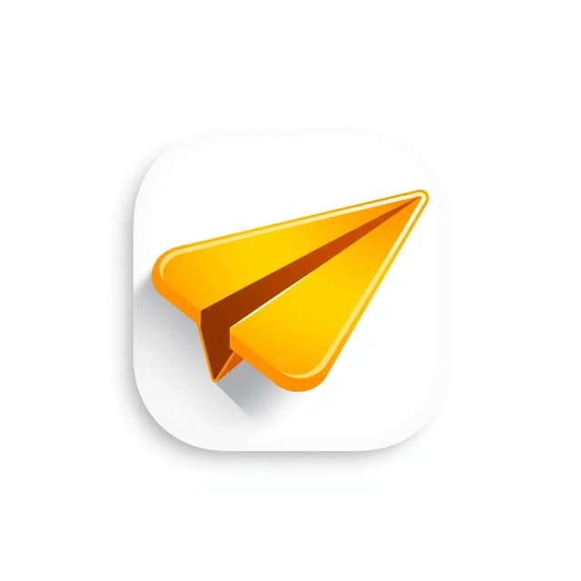 3D cartoon game icon, glossy paper airplane / send arrow, golden orange gradient, soft rounded clay style, transparent background, no frame, no border, mobile game UI asset, soft lighting