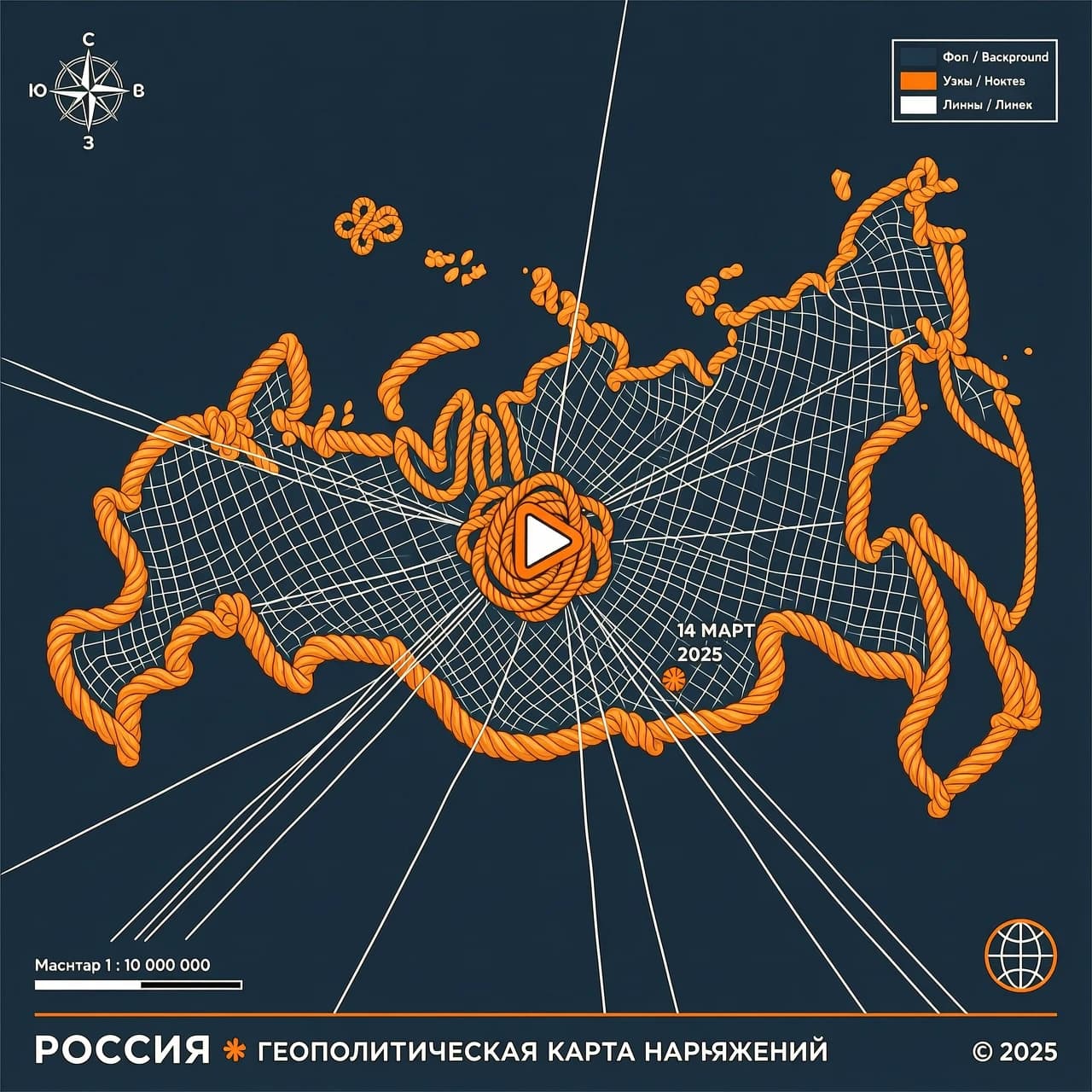Контур карты России, составленный из туго натянутых верёвок. В местах крупных городов (Москва, Питер, Крым, Кавказ, Урал) верёвки завязываются в узлы-точки. Из каждого узла выходит тонкая линия, сходящаяся к центру — к стилизованной кнопке «Play» или календарной дате.
Детали: Карта может быть не сплошной, а штриховой, чтобы не перегружать. Вместо названия «Россия» можно оставить только знак.
Цвета: Тёмно-синий (доверие, ночь) + ярко-оранжевый (экстрим, оповещение) + белый.